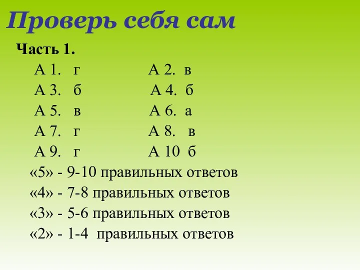 Проверь себя сам Часть 1. А 1. г А 2. в