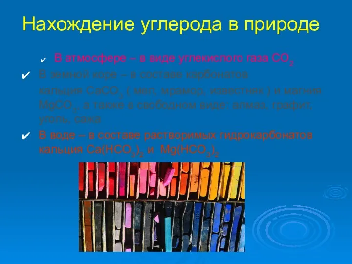 Нахождение углерода в природе В атмосфере – в виде углекислого газа