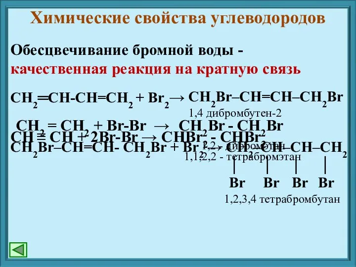 Химические свойства углеводородов Обесцвечивание бромной воды - качественная реакция на кратную связь