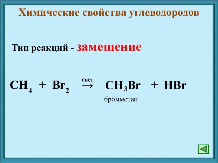 Химические свойства углеводородов Тип реакций - замещение бромметан