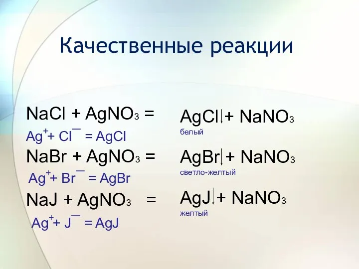 Качественные реакции NaCl + AgNO3 = NaBr + AgNO3 = NaJ