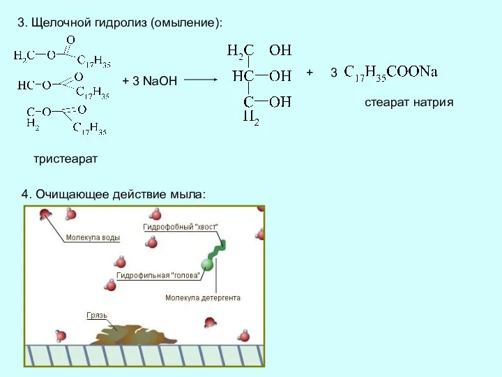 3. Щелочной гидролиз (омыление): + 3 NaOH + 3 тристеарат стеарат натрия 4. Очищающее действие мыла: