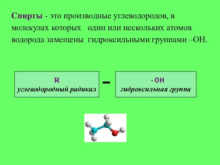 Спирты - это производные углеводородов, в молекулах которых один или нескольких