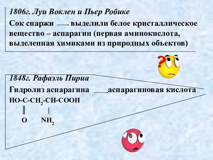 1806г. Луи Воклен и Пьер Робике Сок спаржи выделили белое кристаллическое