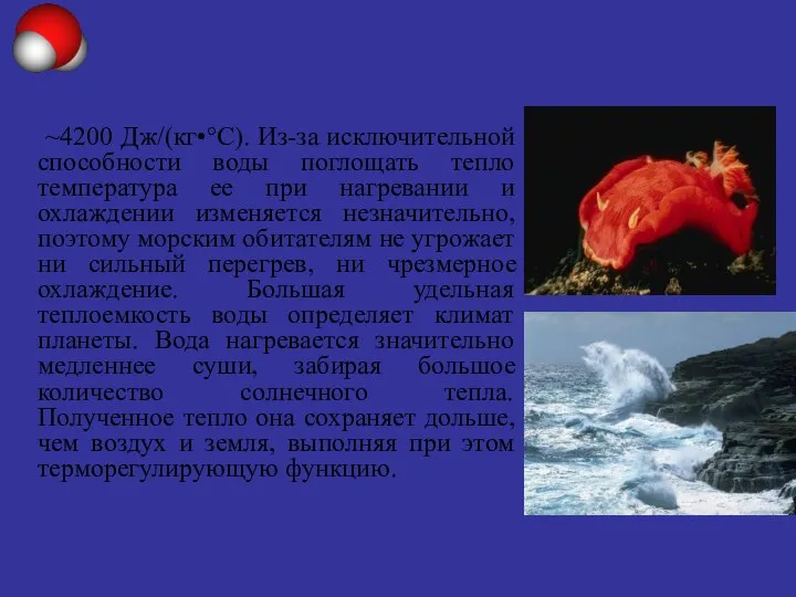 Удельная теплоемкость воды ~4200 Дж/(кг•°С). Из-за исключительной способности воды поглощать тепло