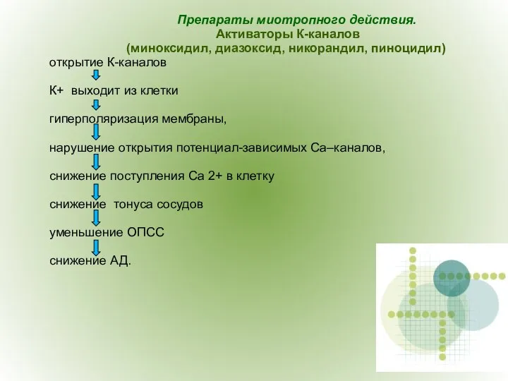 Препараты миотропного действия. Активаторы К-каналов (миноксидил, диазоксид, никорандил, пиноцидил) открытие К-каналов