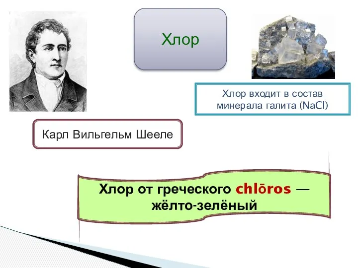 Хлор от греческого chlōros — жёлто-зелёный Хлор входит в состав минерала