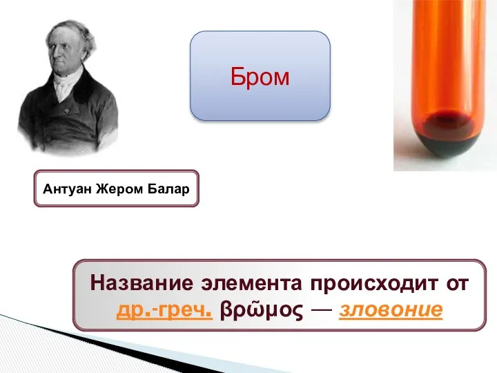 Бром Антуан Жером Балар Название элемента происходит от др.-греч. βρῶμος — зловоние