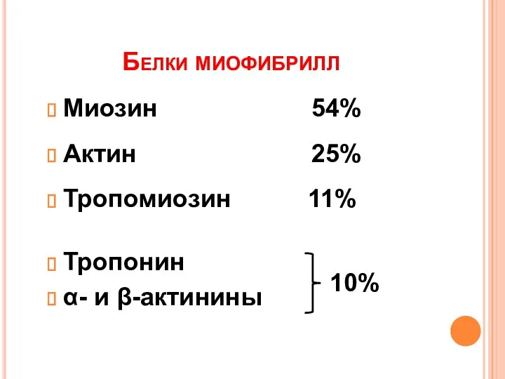 Белки миофибрилл Миозин 54% Актин 25% Тропомиозин 11% Тропонин α- и β-актинины 10%