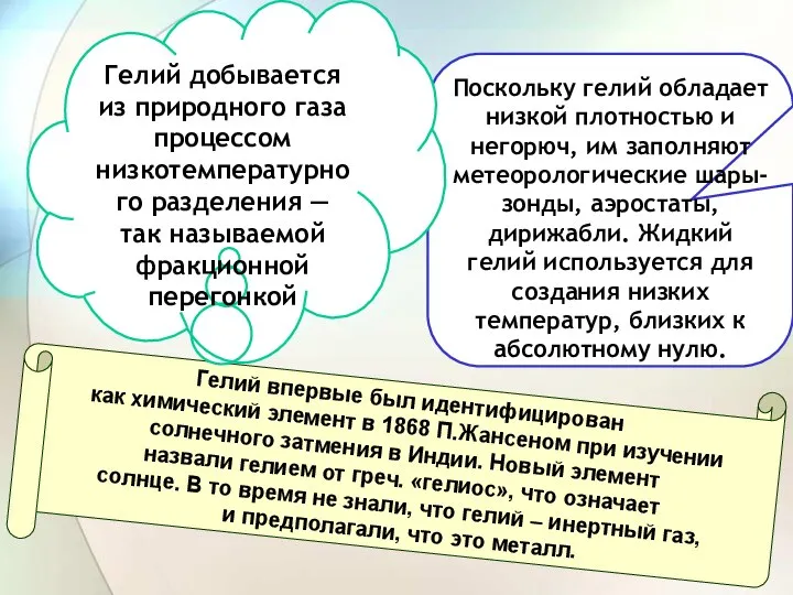 Гелий впервые был идентифицирован как химический элемент в 1868 П.Жансеном при