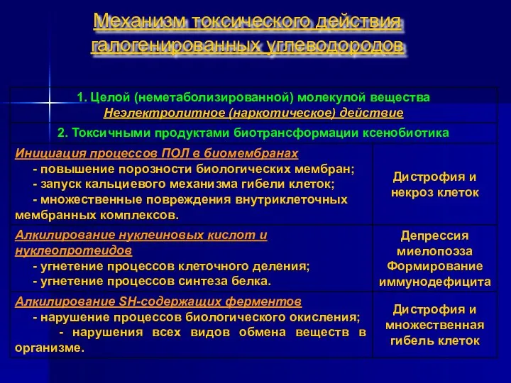 Механизм токсического действия галогенированных углеводородов