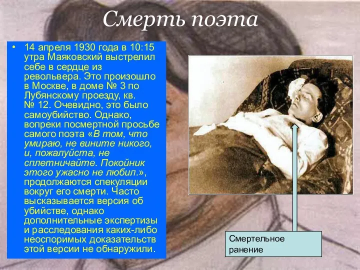 Смерть поэта 14 апреля 1930 года в 10:15 утра Маяковский выстрелил