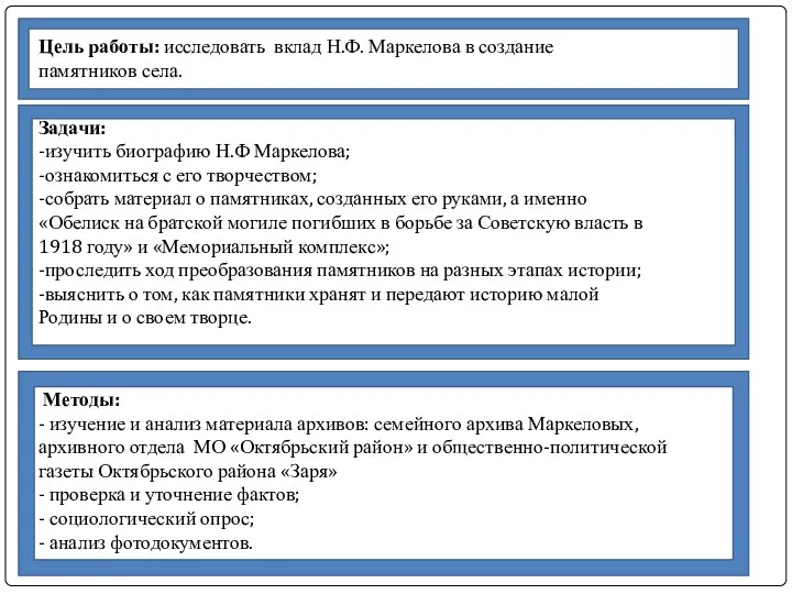 Цель работы: исследовать вклад Н.Ф. Маркелова в создание памятников села. Задачи: