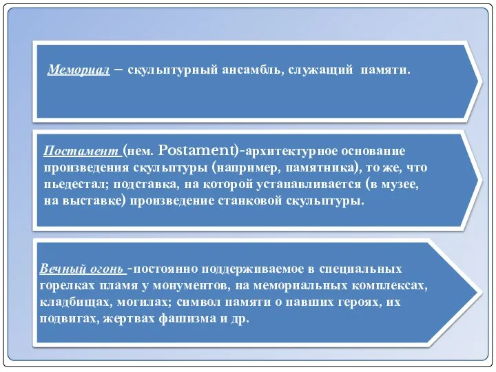 Мемориал – скульптурный ансамбль, служащий памяти. Вечный огонь -постоянно поддерживаемое в