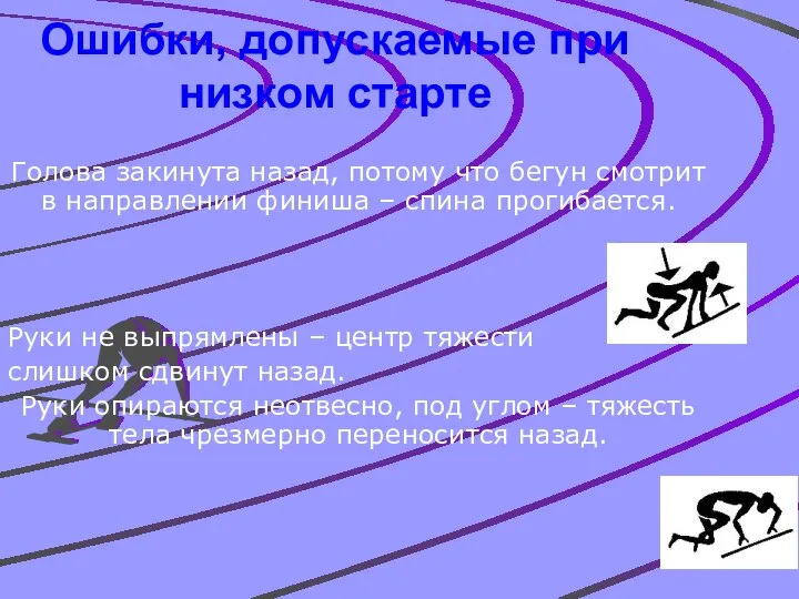 Ошибки, допускаемые при низком старте Голова закинута назад, потому что бегун