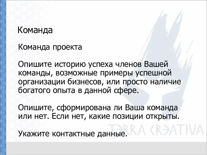 Команда Команда проекта Опишите историю успеха членов Вашей команды, возможные примеры