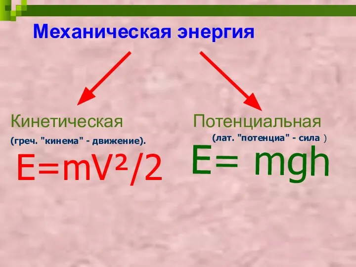 Механическая энергия Кинетическая Потенциальная E=mV²/2 E= mgh (греч. "кинема" - движение). (лат. "потенциа" - сила )