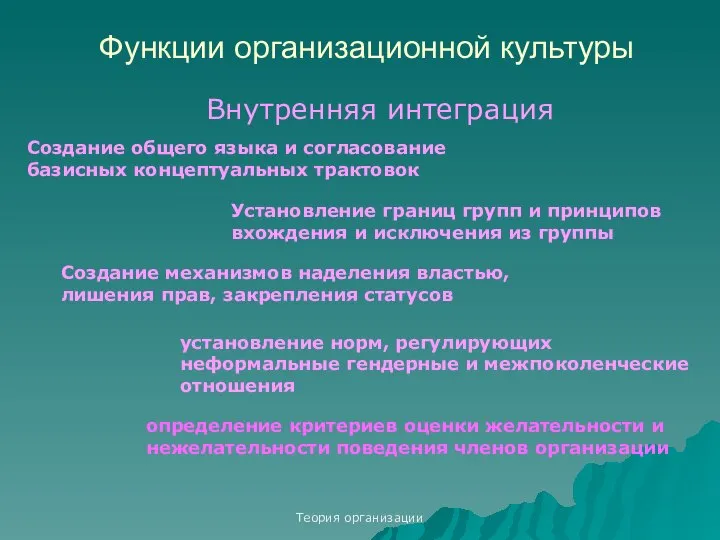 Теория организации Функции организационной культуры Внутренняя интеграция Создание общего языка и