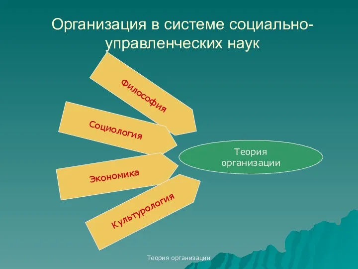 Теория организации Организация в системе социально-управленческих наук Теория организации Философия Социология Экономика Культурология