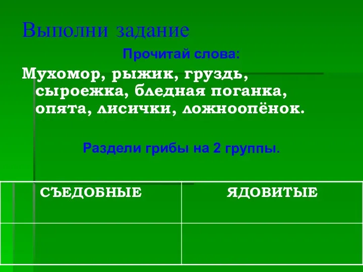 Выполни задание Прочитай слова: Мухомор, рыжик, груздь, сыроежка, бледная поганка, опята,