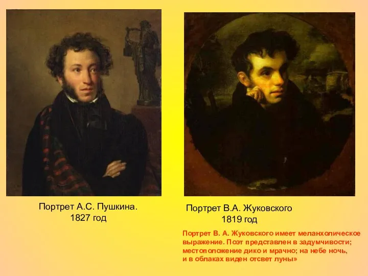 Портрет А.С. Пушкина. 1827 год Портрет В.А. Жуковского 1819 год Портрет