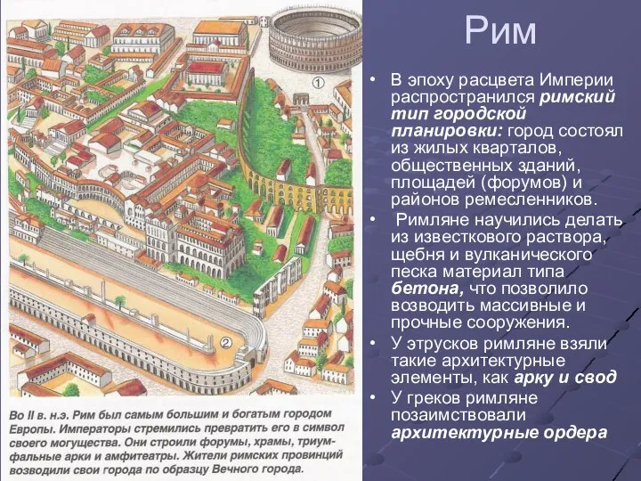 Рим В эпоху расцвета Империи распространился римский тип городской планировки: город