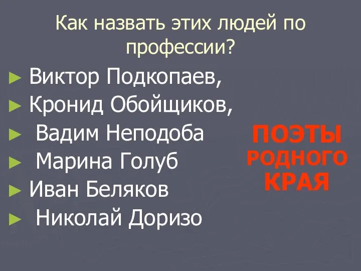 Как назвать этих людей по профессии? Виктор Подкопаев, Кронид Обойщиков, Вадим