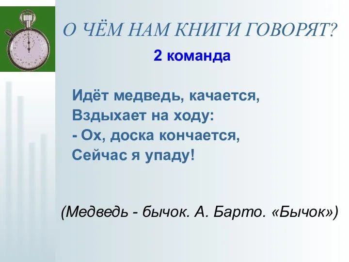 О ЧЁМ НАМ КНИГИ ГОВОРЯТ? 2 команда Идёт медведь, качается, Вздыхает