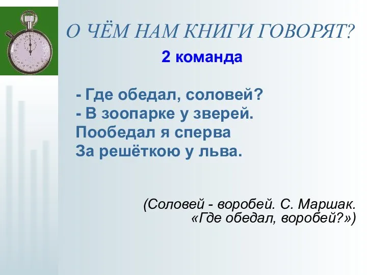 О ЧЁМ НАМ КНИГИ ГОВОРЯТ? 2 команда - Где обедал, соловей?