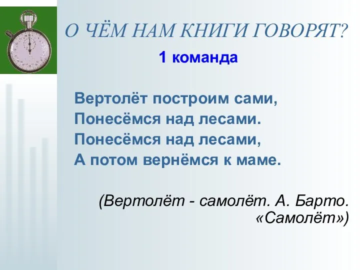 О ЧЁМ НАМ КНИГИ ГОВОРЯТ? 1 команда Вертолёт построим сами, Понесёмся