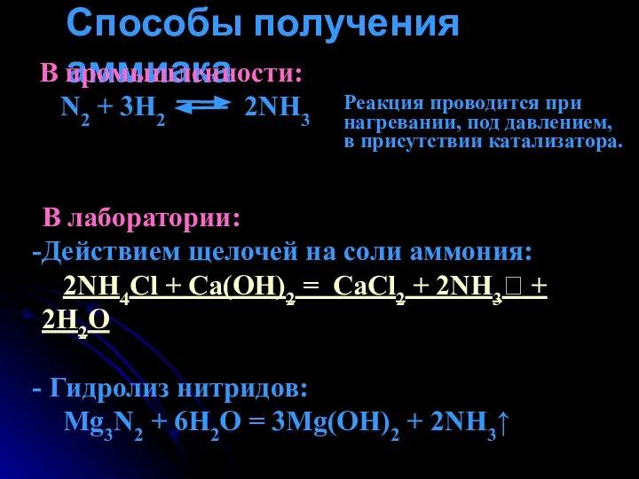 Способы получения аммиака В промышленности: N2 + 3H2 2NH3 Реакция проводится