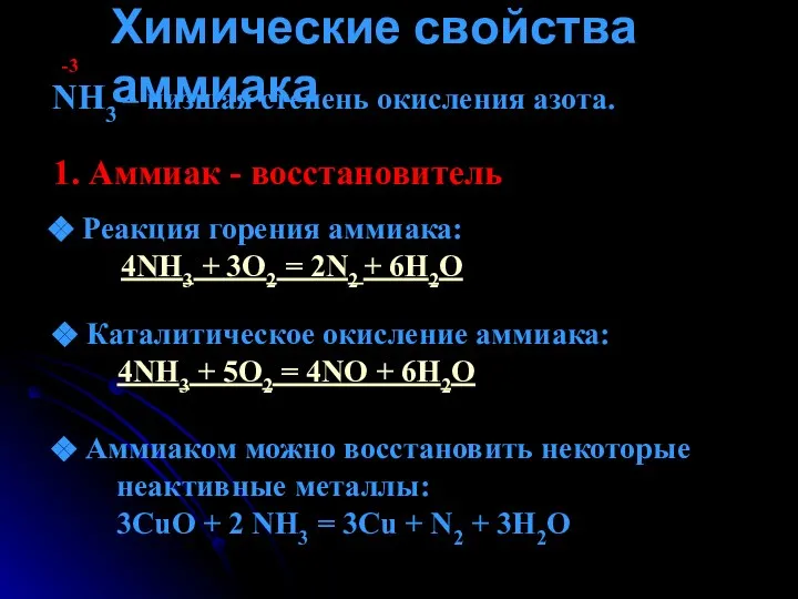 Химические свойства аммиака NH3 – низшая степень окисления азота. -3 1.