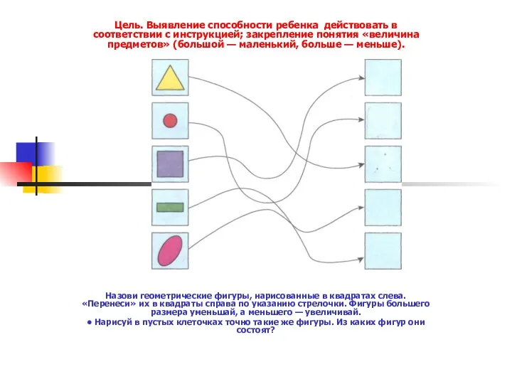 Цель. Выявление способности ребенка дей­ствовать в соответствии с инструкцией; закрепле­ние понятия