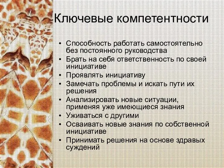 Ключевые компетентности Способность работать самостоятельно без постоянного руководства Брать на себя