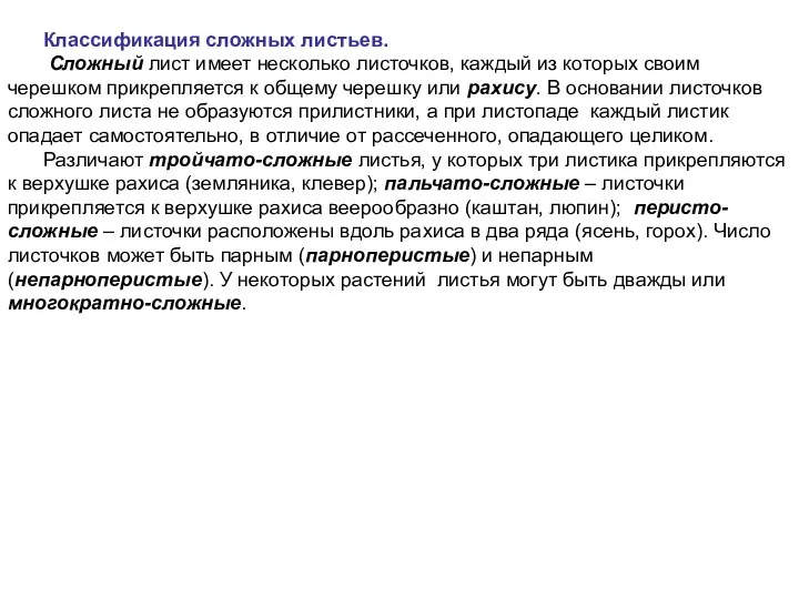 Классификация сложных листьев. Сложный лист имеет несколько листочков, каждый из которых