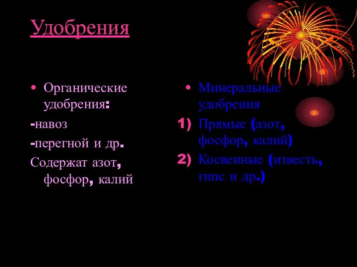 Удобрения Органические удобрения: -навоз -перегной и др. Содержат азот, фосфор, калий