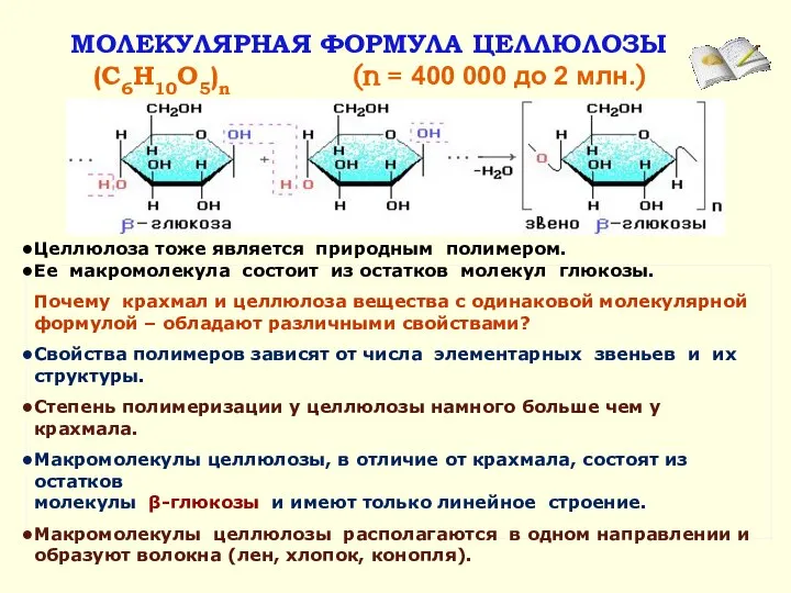 МОЛЕКУЛЯРНАЯ ФОРМУЛА ЦЕЛЛЮЛОЗЫ (C6H10O5)n (n = 400 000 до 2 млн.)