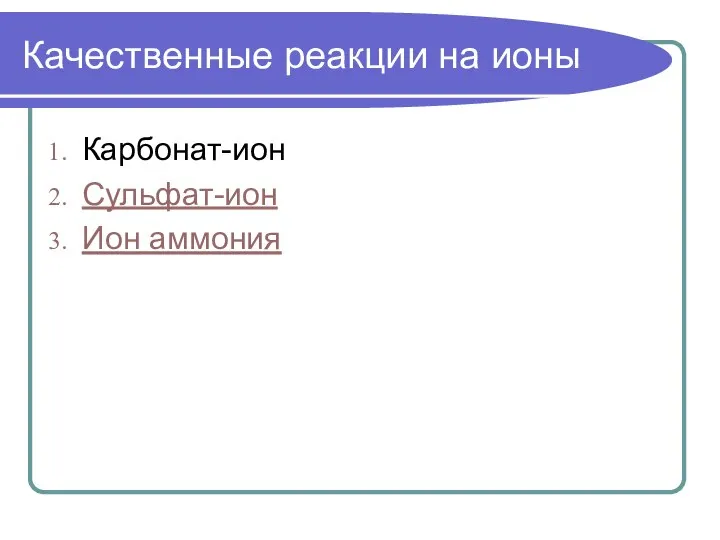 Качественные реакции на ионы Карбонат-ион Сульфат-ион Ион аммония