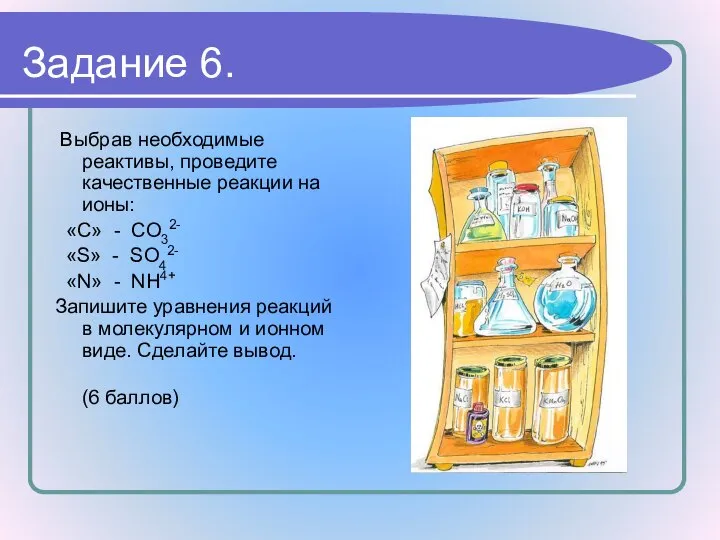 Задание 6. Выбрав необходимые реактивы, проведите качественные реакции на ионы: «C»