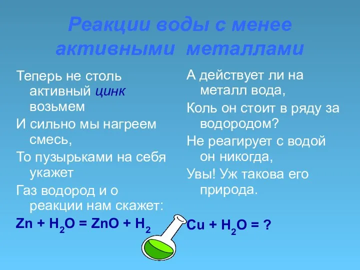 Реакции воды с менее активными металлами Теперь не столь активный цинк