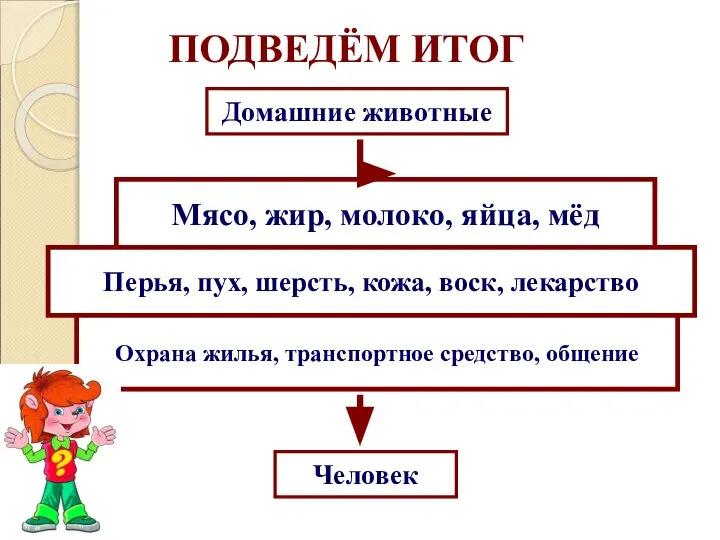 ПОДВЕДЁМ ИТОГ Домашние животные Человек Мясо, жир, молоко, яйца, мёд Перья,