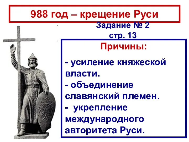 988 год – крещение Руси Причины: - усиление княжеской власти. -