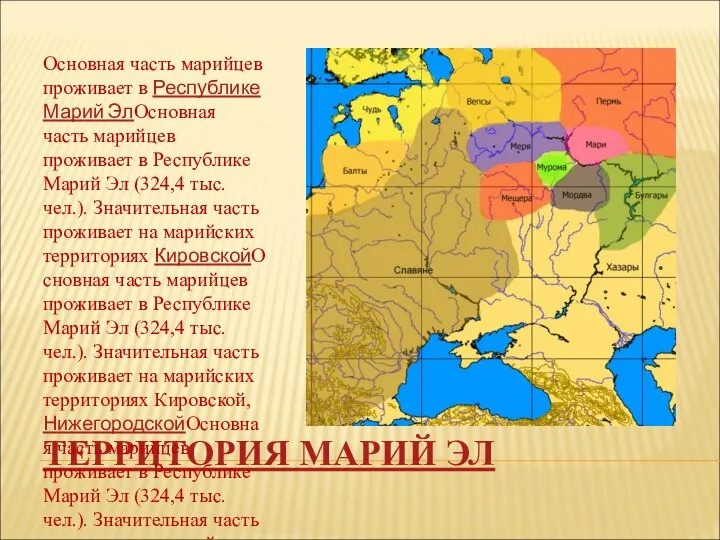 ТЕРРИТОРИЯ МАРИЙ ЭЛ Основная часть марийцев проживает в Республике Марий ЭлОсновная