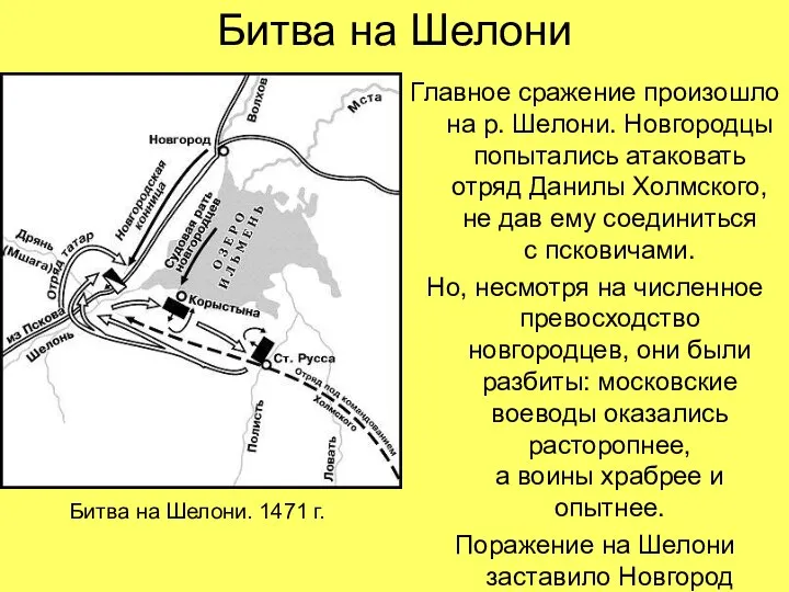 Битва на Шелони Главное сражение произошло на р. Шелони. Новгородцы попытались
