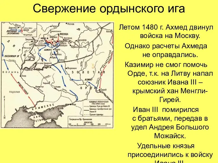 Свержение ордынского ига Летом 1480 г. Ахмед двинул войска на Москву.