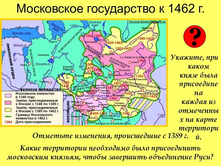 Московское государство к 1462 г. Укажите, при каком князе была присоединена