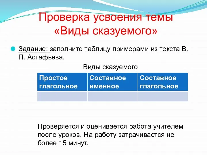 Проверка усвоения темы «Виды сказуемого» Задание: заполните таблицу примерами из текста