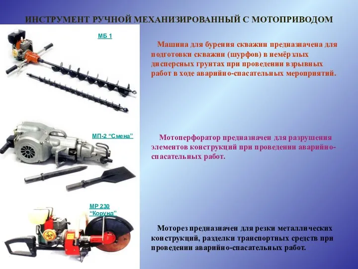 ИНСТРУМЕНТ РУЧНОЙ МЕХАНИЗИРОВАННЫЙ С МОТОПРИВОДОМ Машина для бурения скважин предназначена для