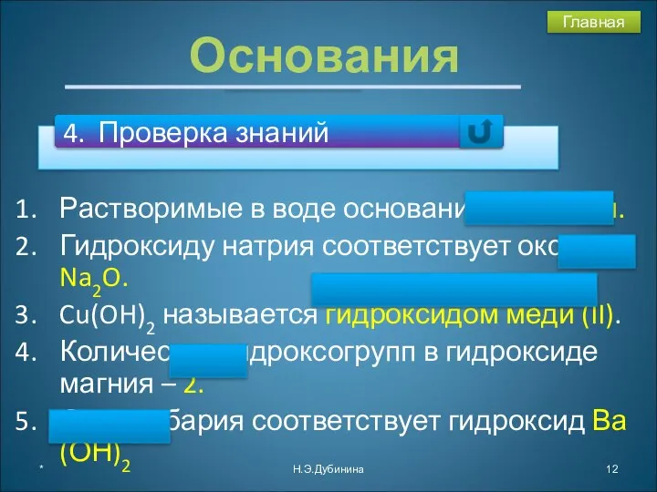 Растворимые в воде основания - щелочи. Гидроксиду натрия соответствует оксид Na2O.