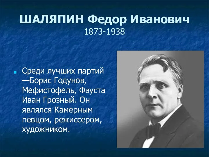 ШАЛЯПИН Федор Иванович 1873-1938 Среди лучших партий —Борис Годунов, Мефистофель, Фауста